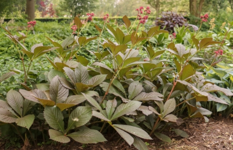 Schout bij nacht - Rodgersia 'Bloody Mary'
